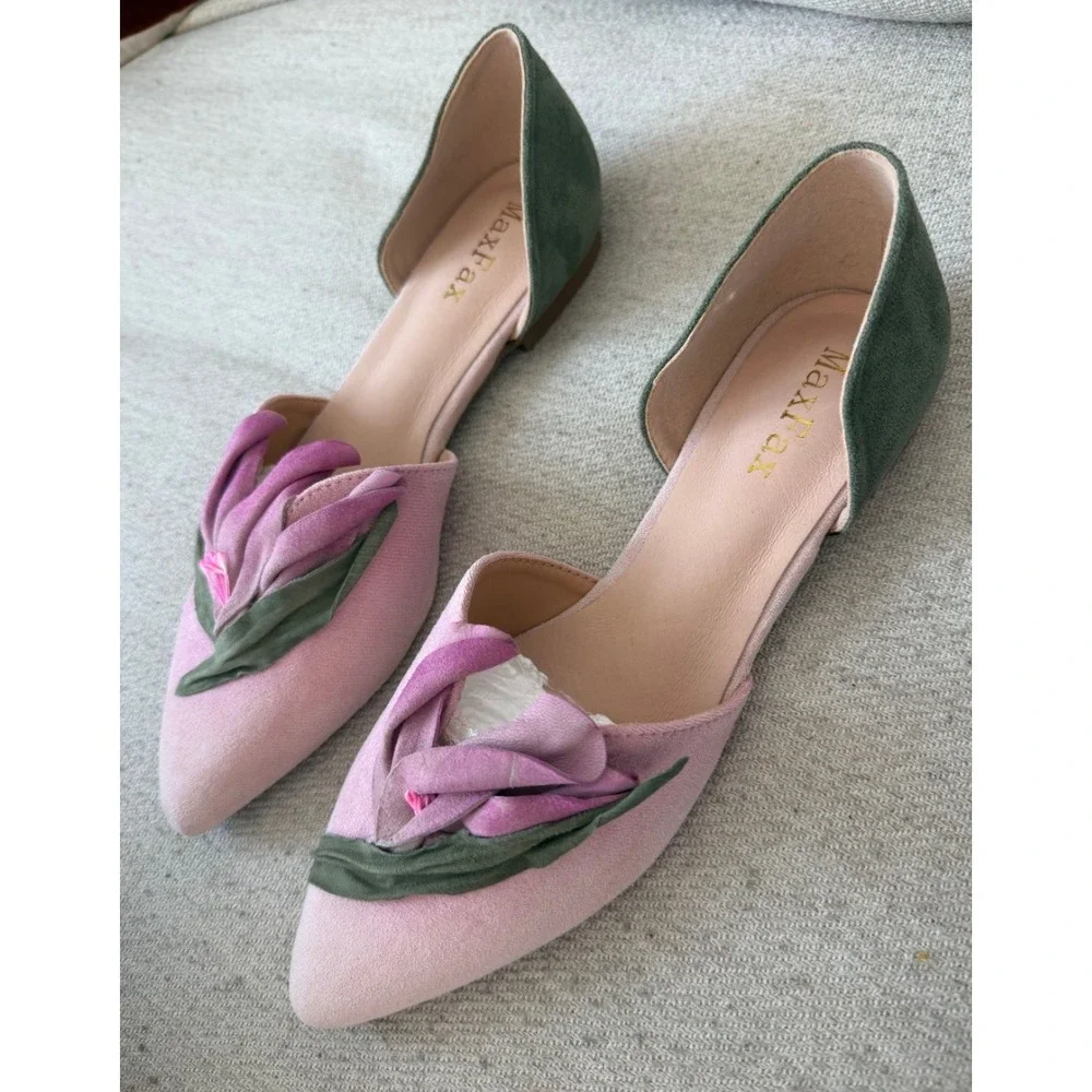 Pink Green Floral D'Orsay Flats Pointed Toe 3D Tulip Shoes
